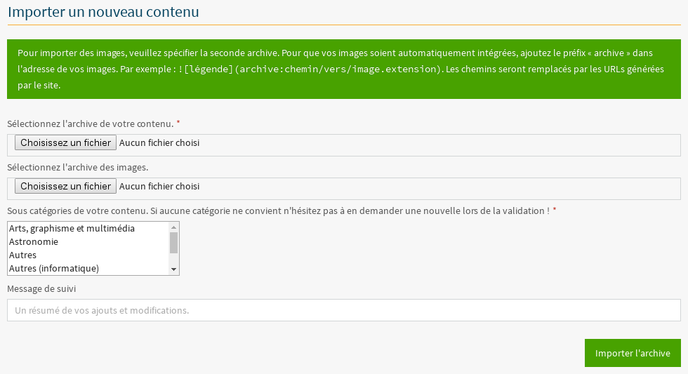 Formulaire d’import de nouveau contenu