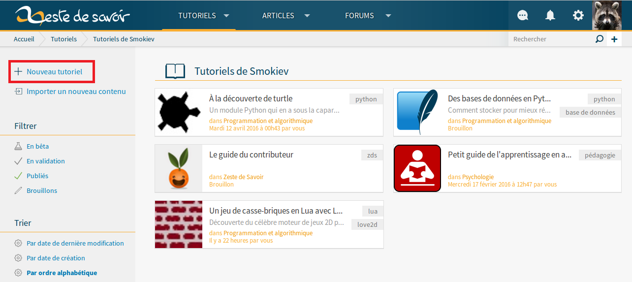 La page « Mes tutoriels » et le lien pour créer un nouveau tutoriel