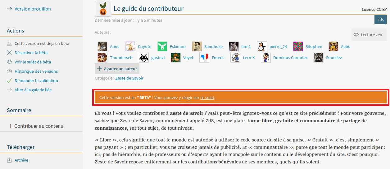 Contenu avec bandeau orange indiquant qu’il est en bêta