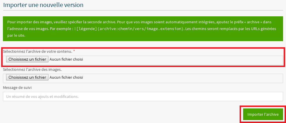 Formulaire d’import de nouvelle version