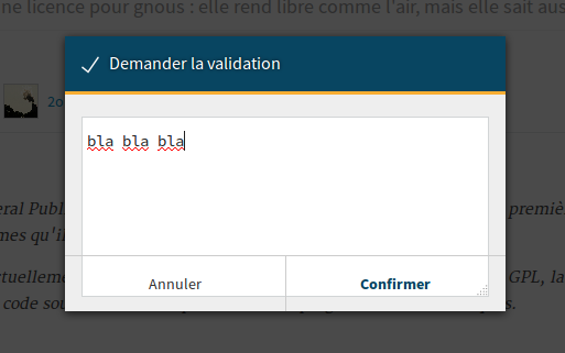 Zone d'édition limitée lors de la demande de validation