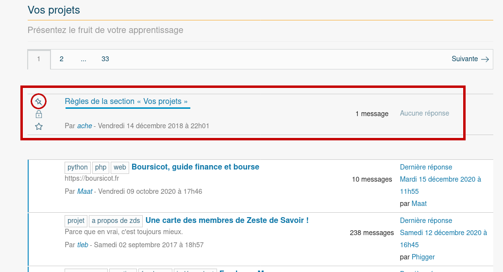 Sujet présentant les règles du forum « Vos projets » épinglées en haut des autres sujets