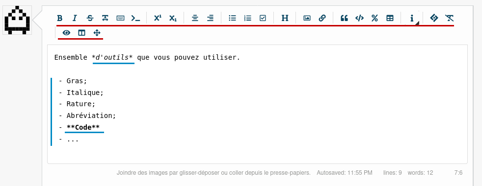 Exemple d'outils à disposition. On y voit la barre d'outils ainsi que l'utilisation du gras, de l'italique et d'une liste