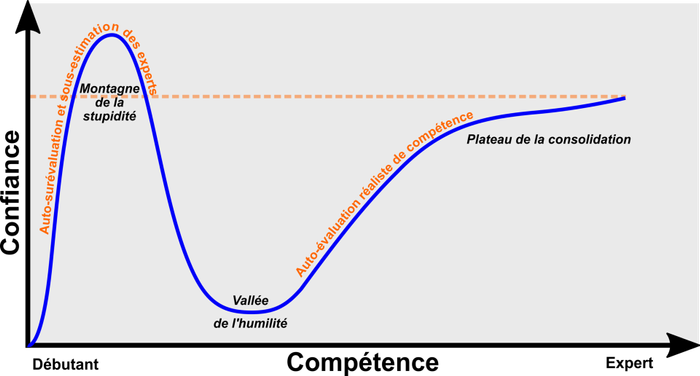 L'effet Dunning Kruger tel que fréquemment vulgarisé : d'abord la montagne de la stupidité (les gens se surévaluent), puis la vallée de l'humilité (ils se sous-évaluent) puis un plateau de consolidation (ils s'évaluent correctement)