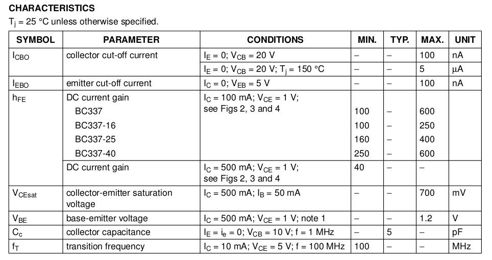 Fiche technique du BC337