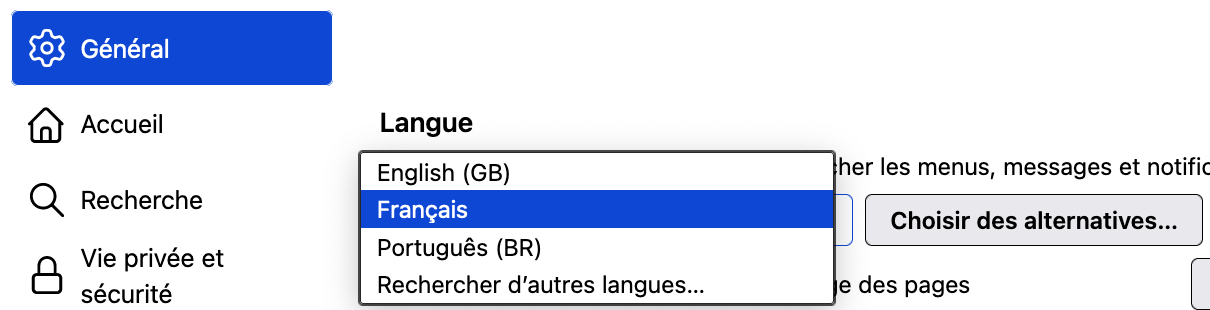 choix de langue de localisation de Firefox
