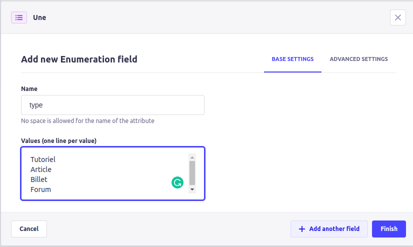 La configuration du champ « type ».