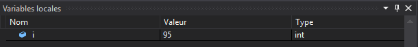 Notre variable locale i vaut bien 95.