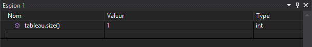 Variable espionne bien mise à jour après exécution de la première instruction, qui ajoute un élément au tableau.