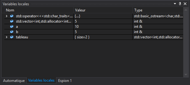 Variables après le pas-à-pas principal jusqu'à la fin de la fonction.