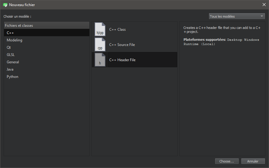 Il faut choisir C++ Header File.