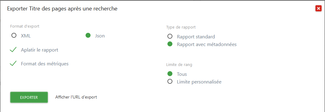 Configuration de l'export des click depuis le moteur de recherche : avec métadonnées, en JSON, en applatissant le rapport