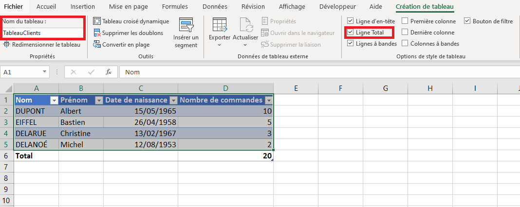 Paramétrage du tableau