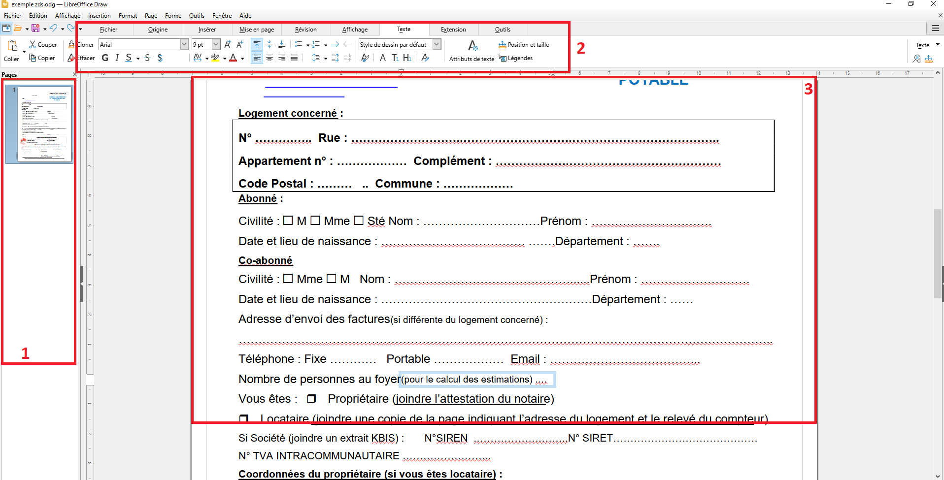 Une capture d'écran reprenant un document administratif anonymisé. A gauche, encadré en rouge avec le chiffre 1 dans le bas du rectangle, en haut encadré en rouge avec le chiffre 2, au centre encadré en rouge avec le chiffre 3 dans le coin haut-droit.