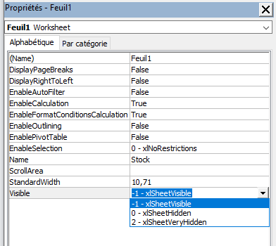 Valeurs possibles pour la propriété "Visible" de la feuille sélectionnée