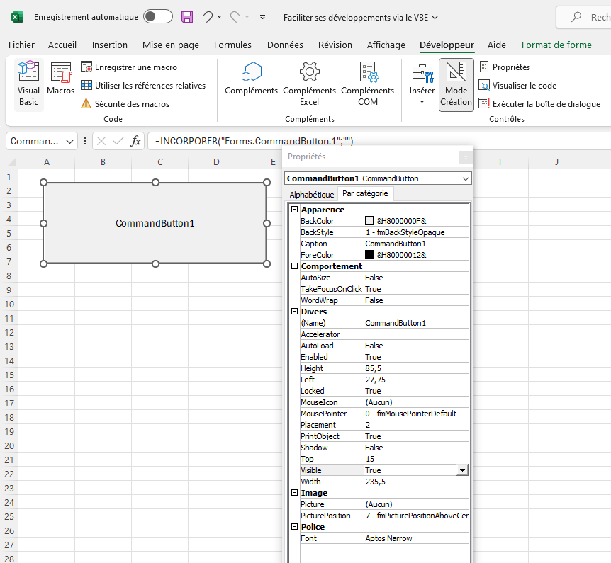 Fenêtre de propriétés pour un élément de contrôle ActiveX