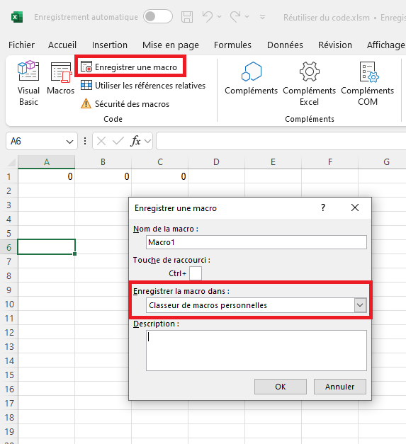 Enregistrer une macro pour le classeur personnel.