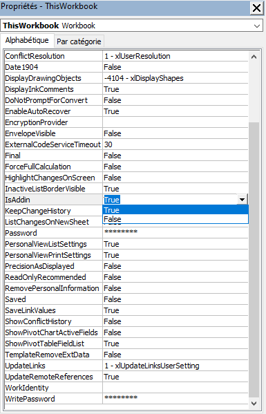 Propriété IsAddin pour l'objet Workbook.