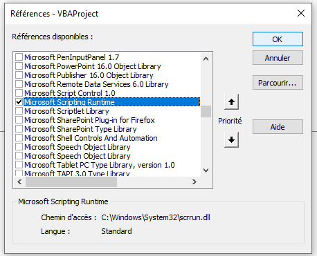 Ajout référence Microsoft Scripting Runtime pour la liaison anticipée des dictionnaires.