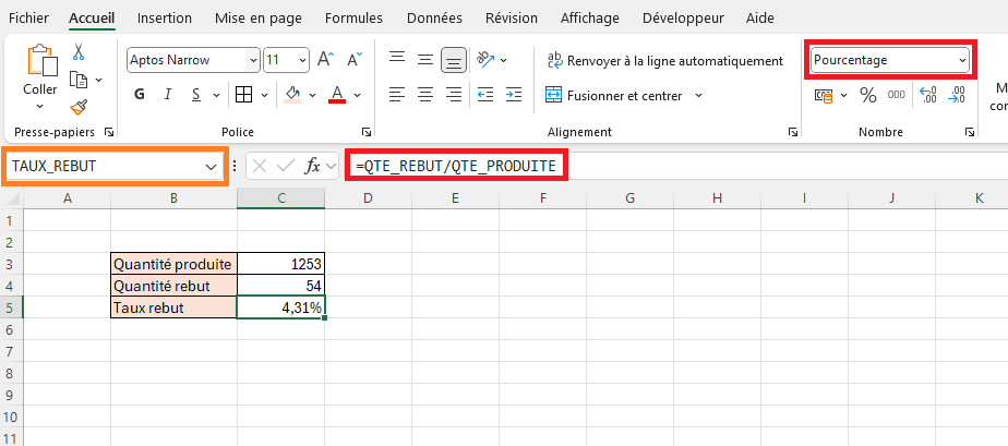 Utilisation de plages nommées dans une formule.