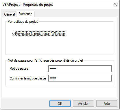 Verrouillage du projet VBA.