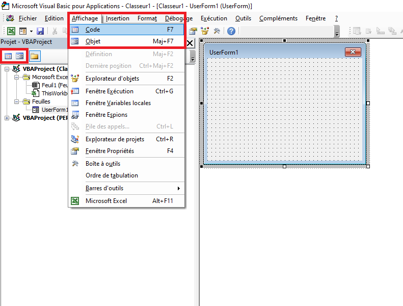 Bascule entre le code et l'objet pour un UserForm.