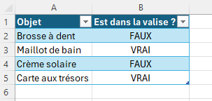 Exemple d'utilisation de valeurs booléennes.