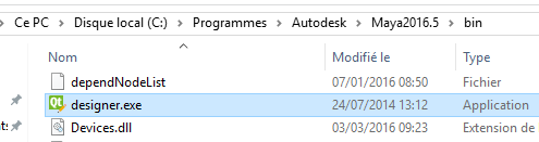 Chemin vers Qt Designer dans Maya.