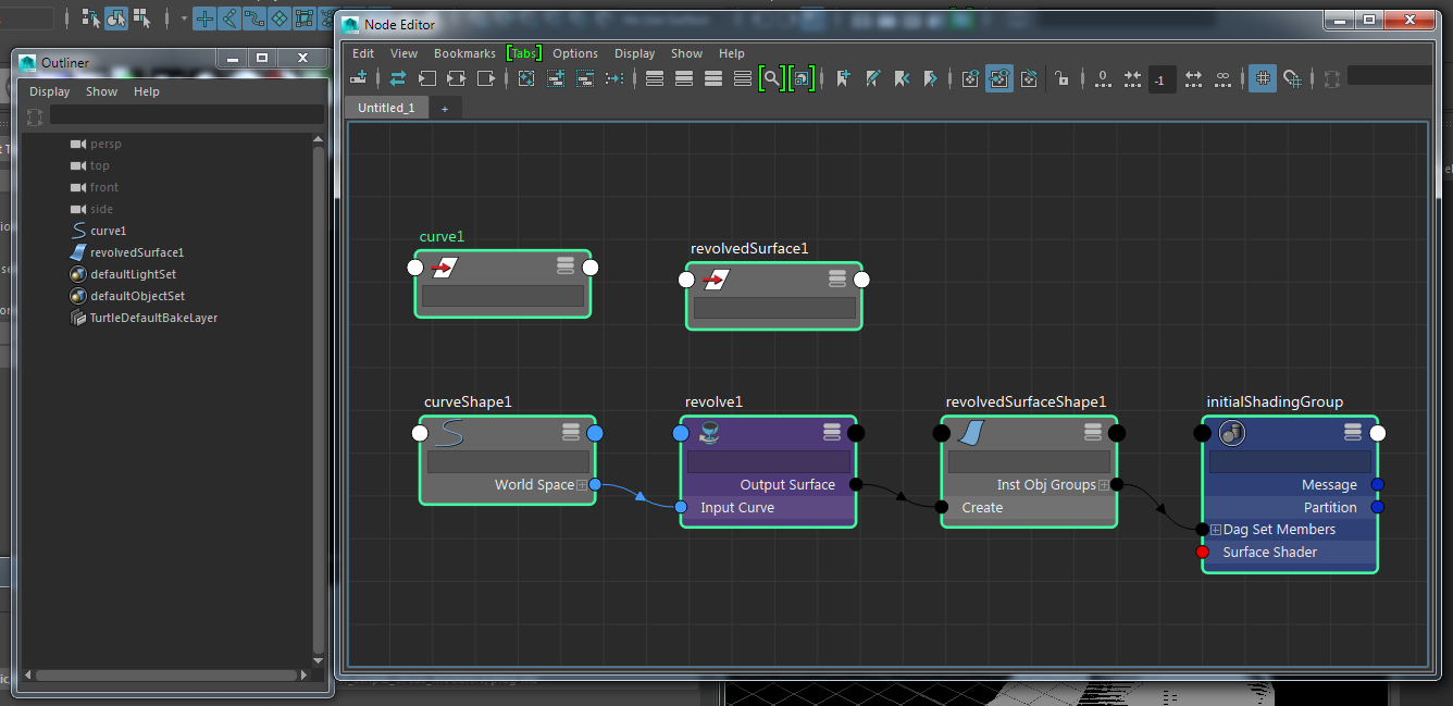 Nœud Revolve dans le Node Editor de Maya