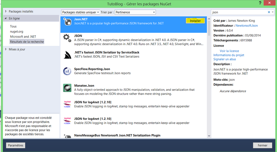 Installez JSON.NET