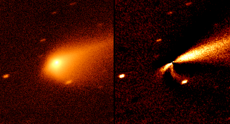 À gauche, la chevelure vue depuis la Terre. À droite, la même image dont on a retiré la partie symétrique, afin de mettre en évidence les orientations particulières de la chevelure, dues au vent solaire. Dans chacune des deux images, le Soleil est à gauche.