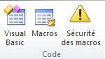 Le volet code avec ses trois boutons Visual Basic, Macros, Sécurité des Macros