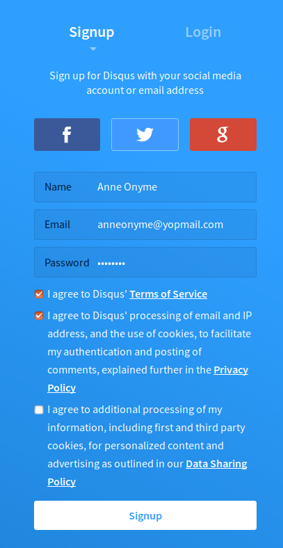 Formulaire de création de compte Disqus