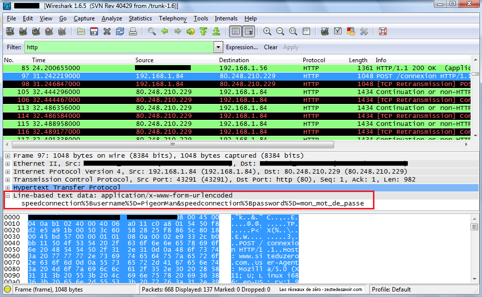 Paquets en clair capturés par Wireshark