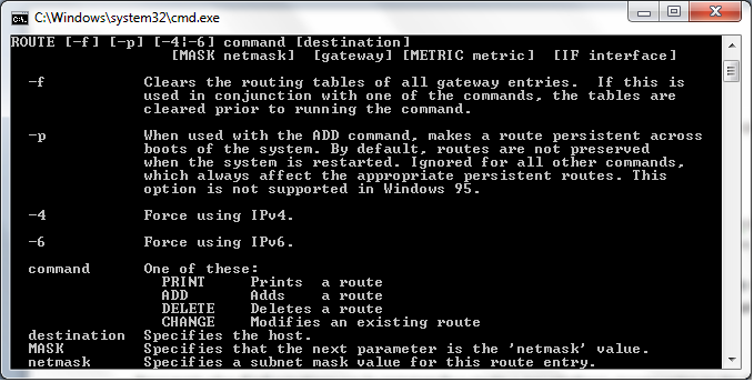 Aide de la commande route sous Windows