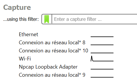 Liste d'interfaces proposées par Wireshark