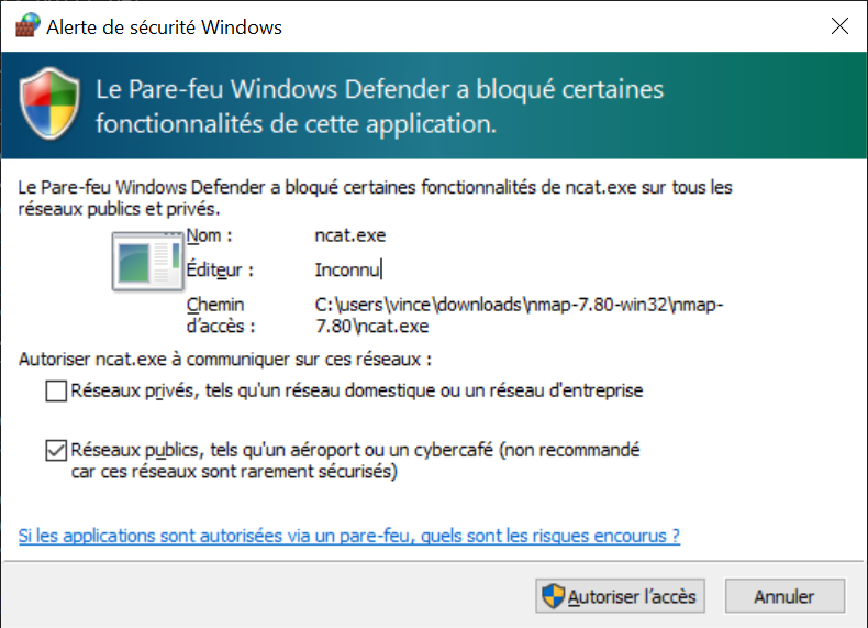 Demande d'ouverture de port du pare-feu Windows