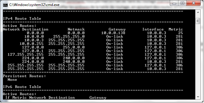 Affichage d'une table de routage sous Windows