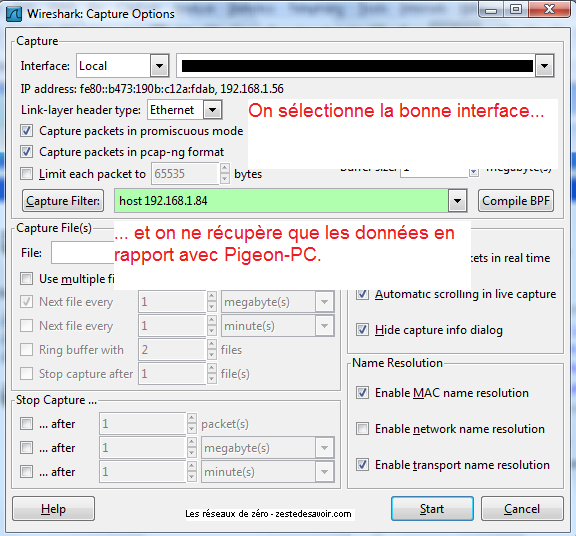 Options de capture dans Wireshark