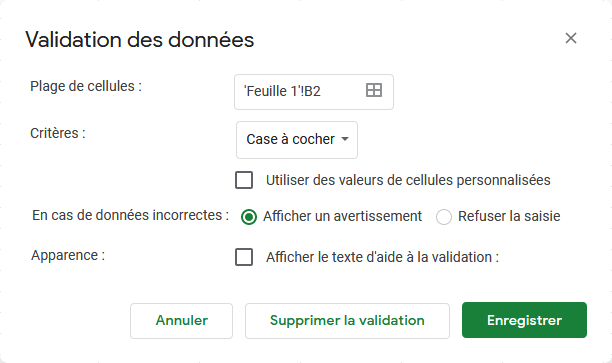 Popin de configuration : Sélectionner "Case à cocher"