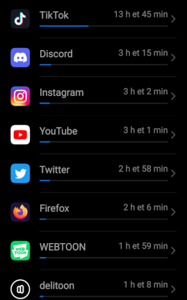 Liste de temps d'utilisation de mes réseaux sociaux