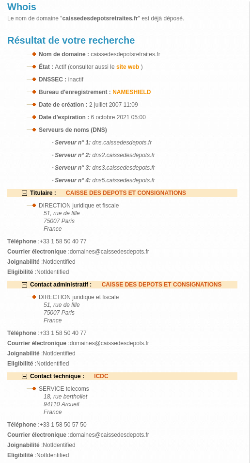 Capture d'écran de la recherche Whois sur le site web de l'Afnic