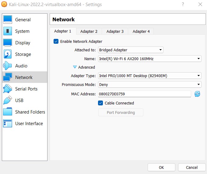 Ma configuration machine virtuelle Kali Linux