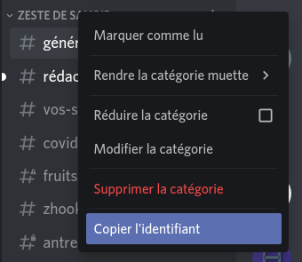 Récupération de l'identifiant d'une catégorie avec clic droit → Copier l'identifiant