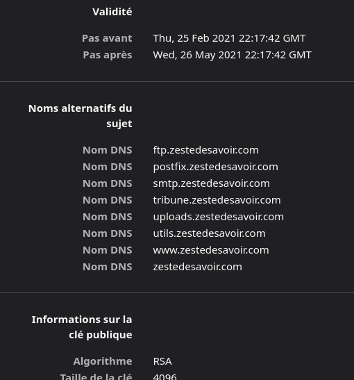 La liste des noms alternatifs sur le détail du certificat de Zeste de Savoir (liste des domaines publics en *.zestedesavoir.com, concrètement)