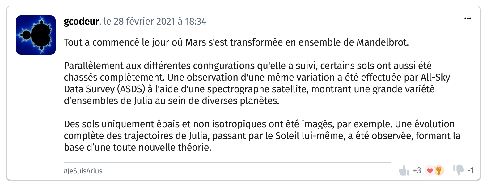 Capture d'écran d'une maquette d'un message du forum, avec les pouces modifiés. Les pouces sont plus discrets (moins contrastés). À côté de chaque pouce on voit le score (+3 et -1), comme aujourd'hui, mais sans couleur. À côté des pouces positifs on voit un récap des types de réaction : ici, une icône cœur et une icône avec une ampoule électrique.