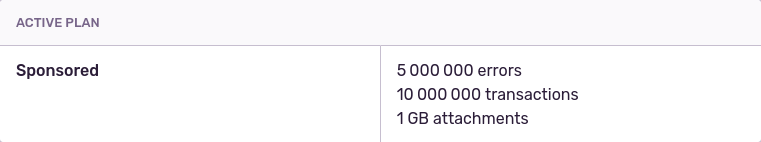 Plan “Sponsored” de Sentry : 5 000 000 d'erreurs, 10 000 000 de transactions et 1 Gio de pièces jointe par mois