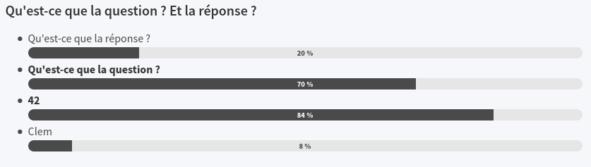 Aperçu d'une question avec ses réponses et leurs statistiques. La question est présentée, puis une liste avec chacune des réponses (les bonnes étant en gras), et sous chaque réponse, une barre de pourcentage indiquant combien de personnes ont répondu ça.