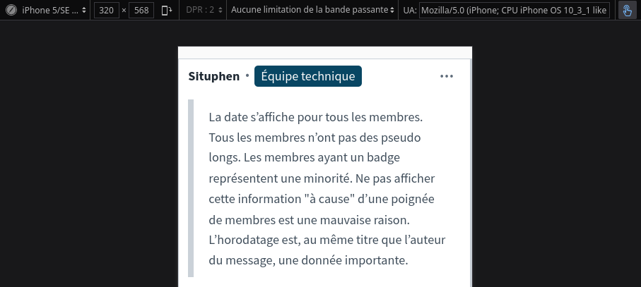 Affichage émulé sur iPhone SE. C'est étroit. Et encore, ici il n'y a pas la plume “auteur⋅trice du sujet”.