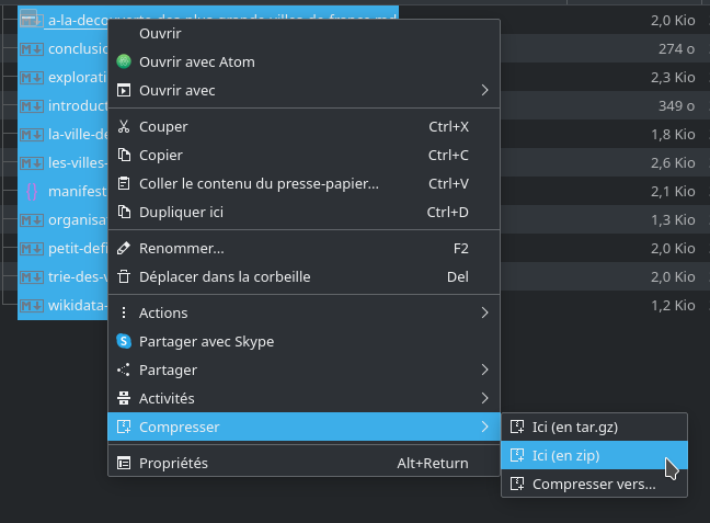 Compression des fichiers en ZIP, en sélectionnant les bons tel qu'explicité avant